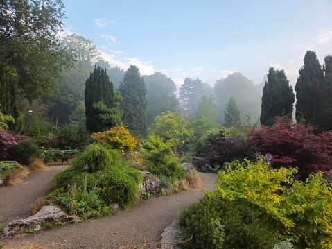Foggy morning at the Japanese garden in Avenham and Miller Park, Preston, UK