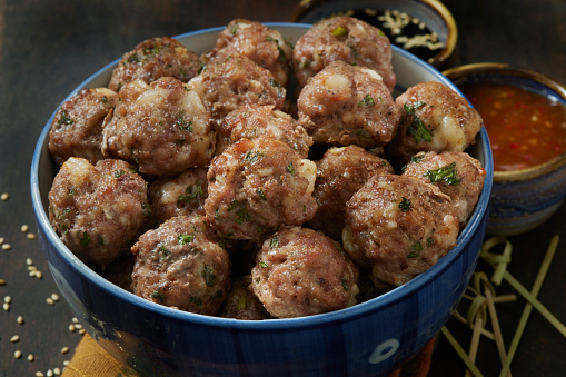 Asian Inspired Pork and Shrimp Meatballs with Soy Sauce and Sweet Chili Sauce Dip