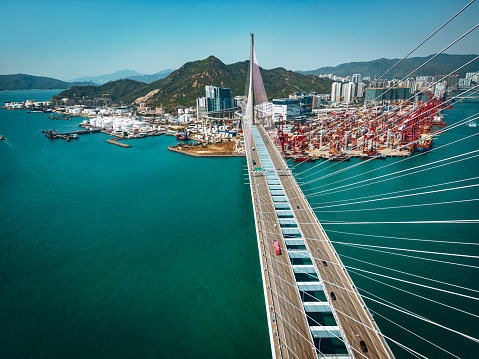 Drone view of Stonecutters Bridge and the Tsing sha highway, Hongkong
