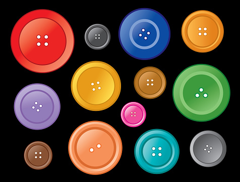 Vector illustration of a collection of colorful buttons on a black background.