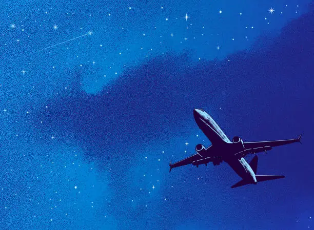 Vector illustration of Stipple illustration of Airplane, night sky and stars