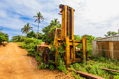 Abandoned, rusty, overgrown and broken down construction vehicle . Photographed while documenting the lifestyle in the South Pacific Islands of Tonga.