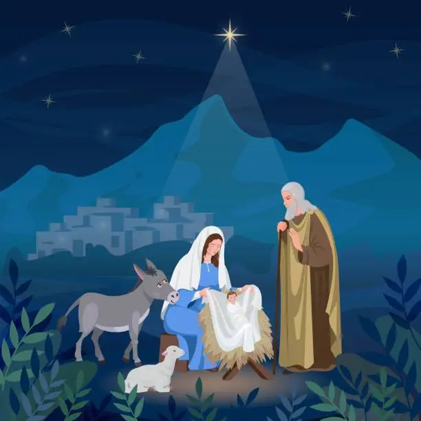 Vector illustration of Nativity, christmas card with holy family and animals, holy night