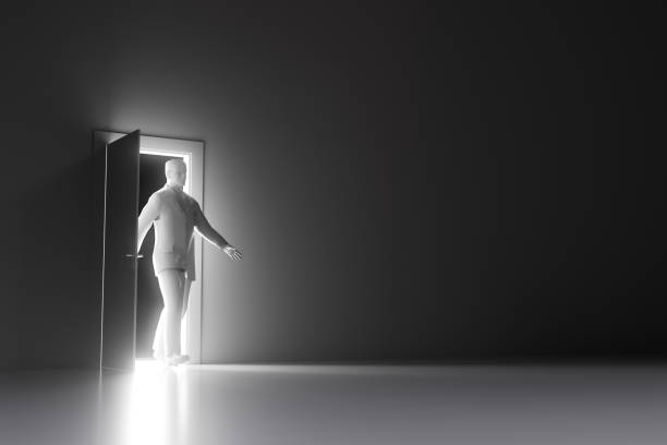 istock Business Man Walking Through Door and Glowing Light 3D Illustration 1694239002