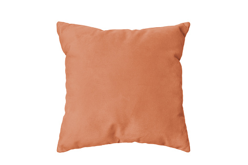 Decorative orange rectangular pillow for sleeping and resting isolated on white background. Cushion for home interior decor, pillowcase mockup, template for design.
