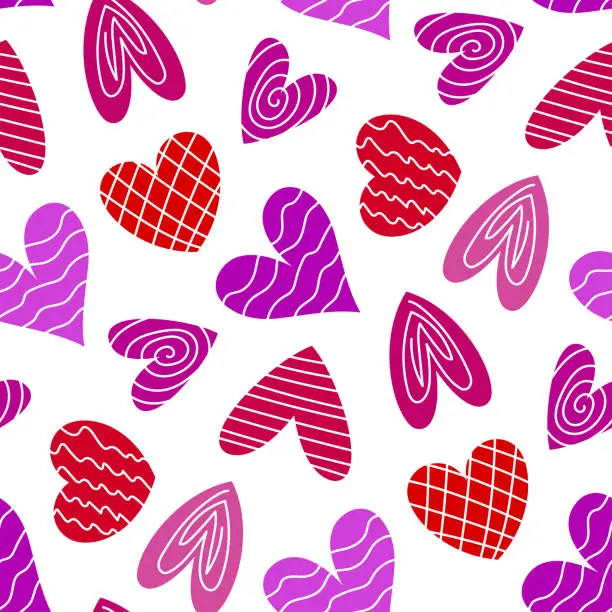 Vector illustration of Small different beautiful multi-colored hearts isolated on a white background. Cute seamless pattern. Vector simple flat graphic illustration. Texture.