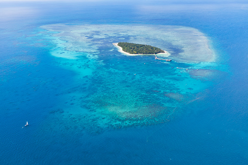 Wide angle aerial of Green Island on the Great Barrier Reef, Queensland.