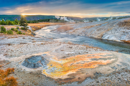 Small colorful geyser at Geyser Hill in Yellowstone National Park in Wyoming, USA