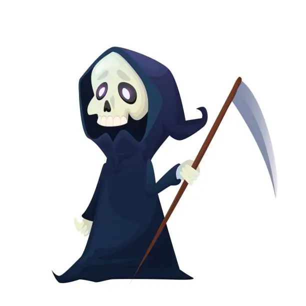 Vector illustration of Grim reaper with scythe. Death character. Halloween skeleton costume. Vector cartoon Illustration isolated on white.