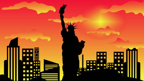 istock LANDSCAPE ILLUSTRATION STATUE OF LIBERTY WITH SUNSET 1694407866