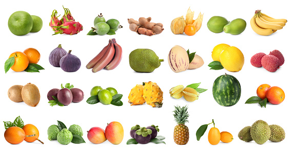 Collage with many fresh exotic fruits on white background