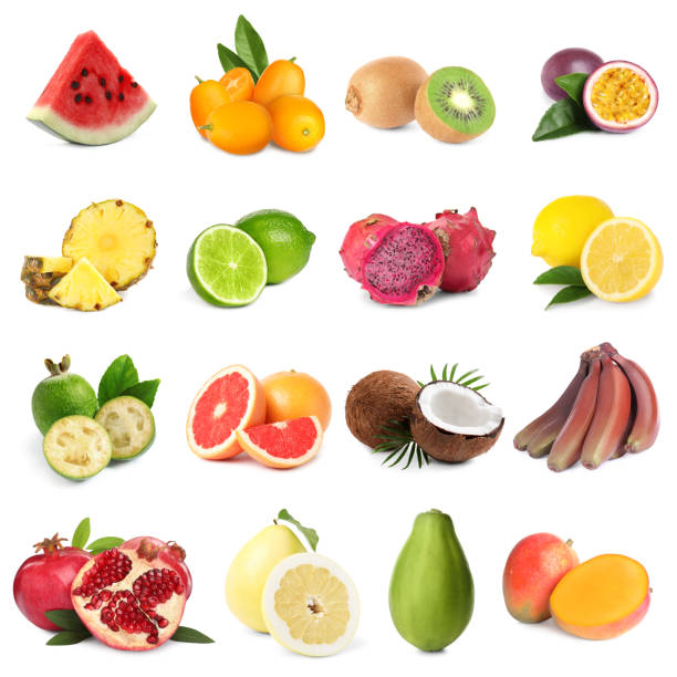 istock Collage with many fresh exotic fruits on white background 1694445986