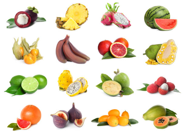 istock Collage with many fresh exotic fruits on white background 1694445995
