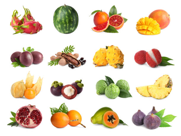 istock Collage with many fresh exotic fruits on white background 1694445997