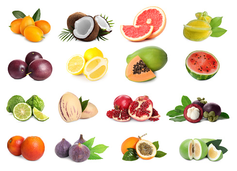 Collage with many fresh exotic fruits on white background