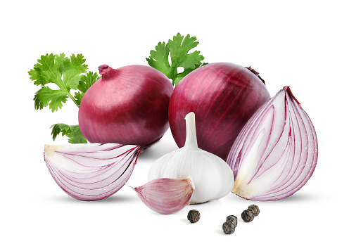 Red onions, coriander, peppercorns, garlic bulb and clove on white background