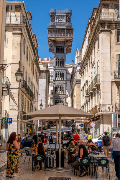 Santa Justa Elevator in Lisbon Lisbon, Portugal - July 30, 2023: Tourists visiting the Santa Justa lift in Lisbon's old city. santa justa lift portugal stock pictures, royalty-free photos & images