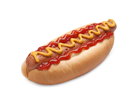 Delicious hot dog with mustard and ketchup on white background