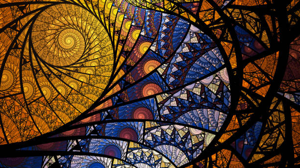 스테인드 글라스 스타일의 추상적인 나선형 프랙탈 아트 배경은 파란색과 금색입니다. - kaleidoscope fractal psychedelic abstract 뉴스 사진 이미지