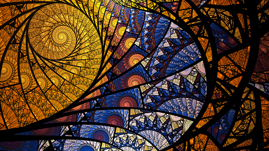 Abstract spiral fractal art background in blue and gold, like stained glass or looking through a kaleidoscope.