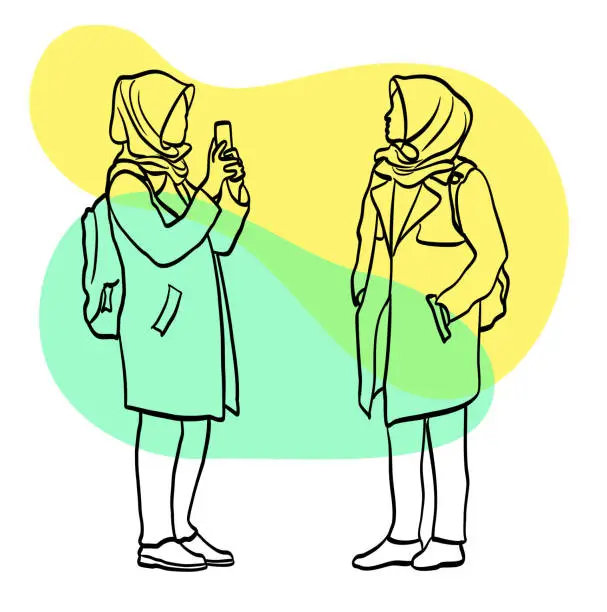 Vector illustration of Woman Wearing Hijab Sketch Yellow Green