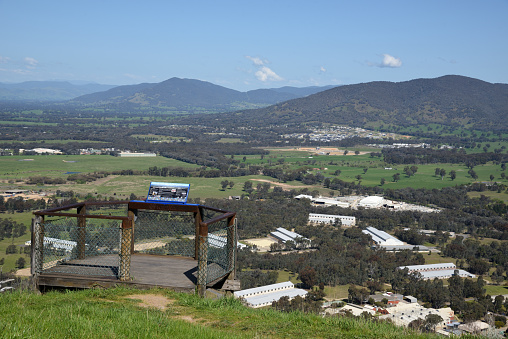 Bandiana, Victoria, Australia - 17 September 2023 - Huon hill lookout Parklands spectacular views of Lake Hume, the Kiewa Valley, the Alpine Region, Murray and Kiewa Rivers, and Albury and Wodonga.