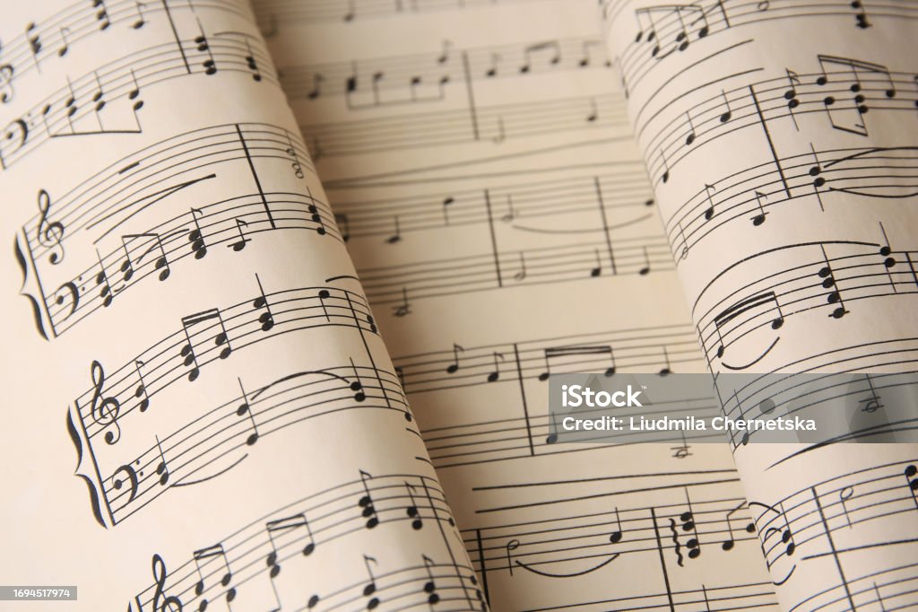 Closeup view of sheets with music notes Art Stock Photo