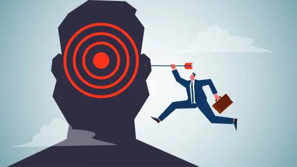 Vector illustration of Target person or target task, to reach a goal, to achieve an accomplishment or success, concept of recruitment, businessman taking an arrow to hit a bullseye on a giant's body