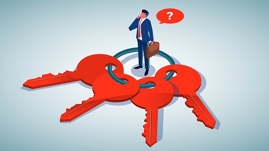 Choosing the right answer, successful decision or decision-making, the right solution to a problem or answer, isometric businessman standing in a pile of keys to choosing.