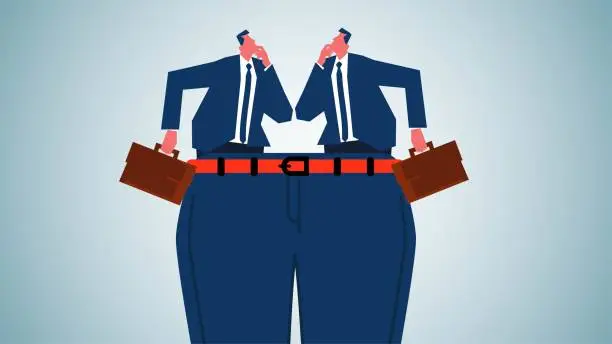 Vector illustration of Partner, close relationship, alignment of interests, partnership, shared risk or crisis, two businessmen wearing the same pants