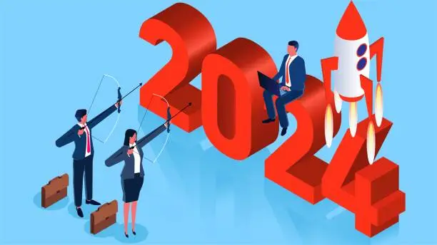 Vector illustration of Looking ahead to 2024, new business plans and goals for 2024, New Year's resolutions and new beginnings, isometric businessmen take aim with their bows and arrows to shoot the number 2024