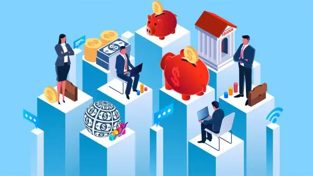 Vector illustration of Global Business Space, Global Banking, Financial Savings and Investments, Wealth Management and Financial Analysis, etc. Distance traders work inside the business space of the bank
