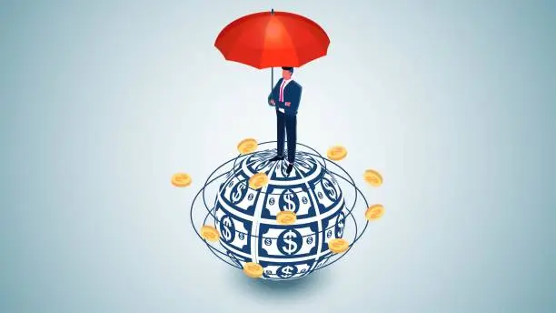 Vector illustration of Global business economic protection, global reliable financial investment protection and security, money or wealth insurance, safe savings or financial stability, isometric traders standing with umbrellas on spherical bills