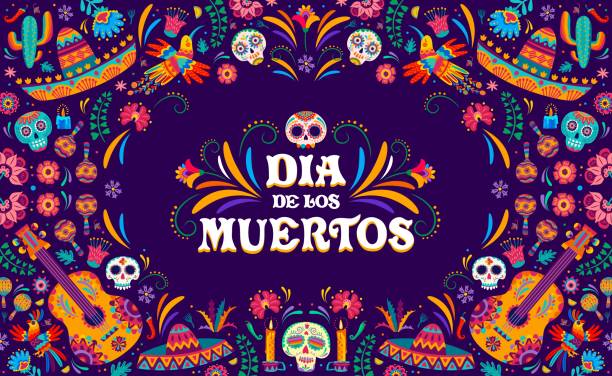 ilustraciones, imágenes clip art, dibujos animados e iconos de stock de mexican dia de los muertos holiday banner, skulls - dia de muertos