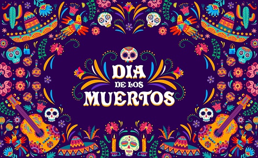 Mexican Dia de Los Muertos holiday banner for Day of Dead, vector calavera skulls and sombrero ornament. Mexican guitar, maracas with candles, flowers and birds ethnic ornament for Dia de Los Muertos