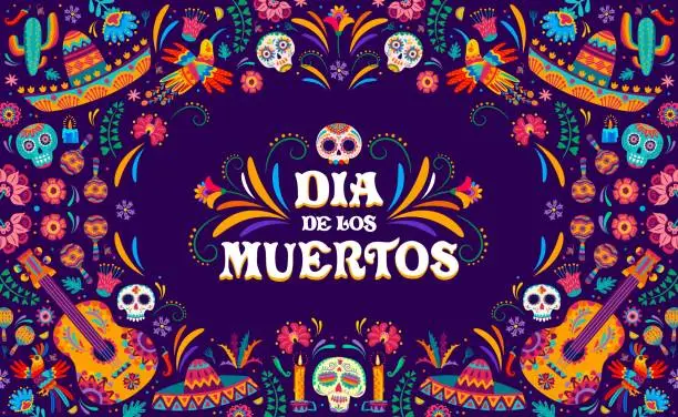 Vector illustration of Mexican Dia de Los Muertos holiday banner, skulls