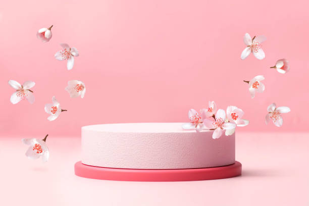 istock Round podium with cherry blossom flowers 1694544985