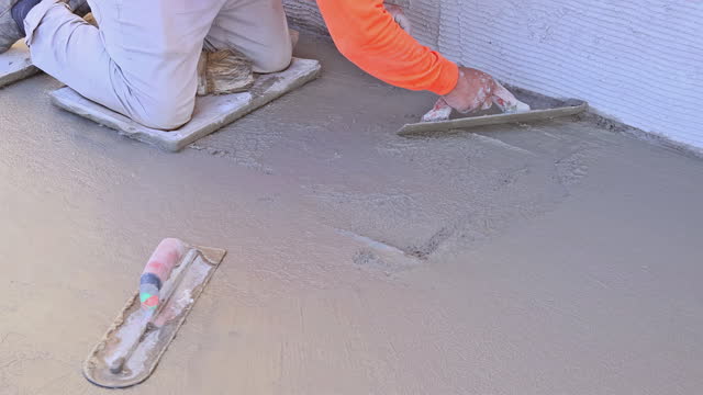 Trowel wielding worker smoothing poured concrete on floor