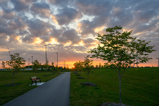 Sunrise on new community park at the eastern end of Markham, a suburban town in the north of cosmopolitan Toronto area.