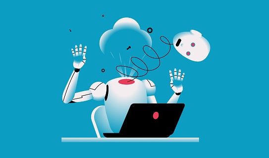 Robot exploding during working at computer. Artifical intelligence blunder, tech mistake, 404 concept. Vector illustration.