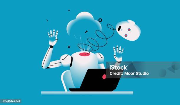 Robot Eexploding Robot Exploding During Working At Computer Illustration Stock ...