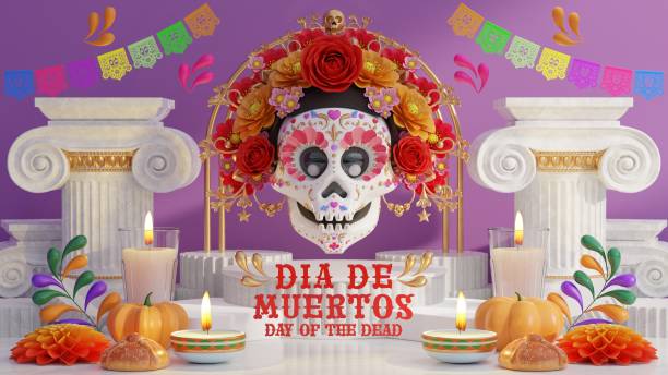 istock 3d rendering illustration for Day of the Dead, Dia de muertos altar concept. Composition of cute sugar skulls, white candles, marigold flowers of the dead. 3d illustration. 1694566676