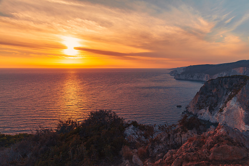 Colorful sunset at Cape Keri, Greek island Zakynthos in the Ionian Sea