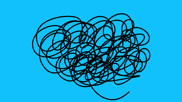 A chaotic black wire wriggles dynamically on a blue screen.