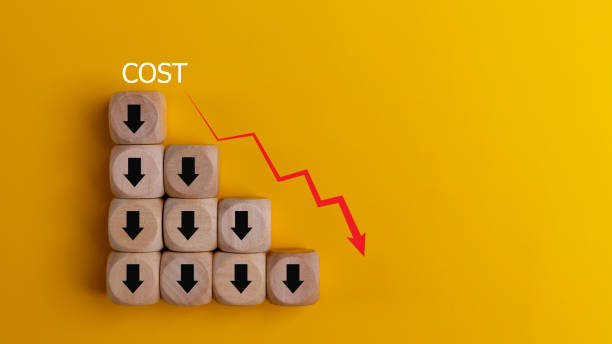 istock Lean or Cost reduction concept. Optimize manufacturing management. Decreasing company expenses to maximize profits. wooden cube with the words cost and red down arrows. Business improvement. 1694608664