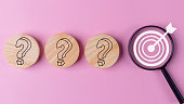 Finding and focusing on the target goals or business objectives. A magnifying glass magnifies the target symbol and question mark signs on a pink background.