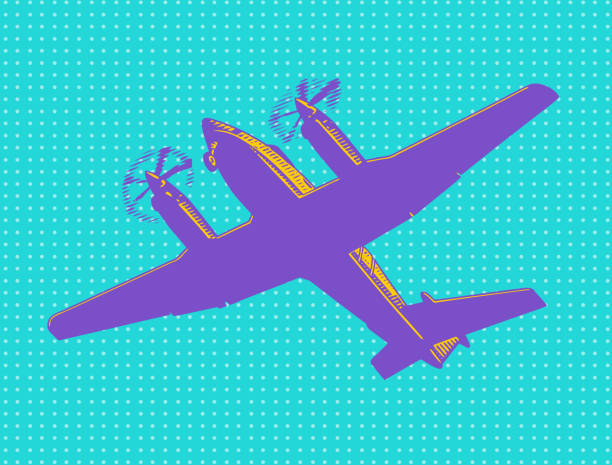 ilustrações, clipart, desenhos animados e ícones de avião de hélice gêmea no ar no fundo colorido - twin propeller