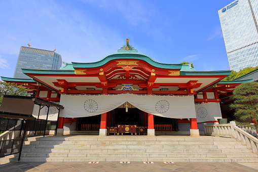 Tokyo, Japan- April 5th, 2023: Hie Shrine, mainly worship the god of Mount Hiei in Chiyoda City, Tokyo, Japan