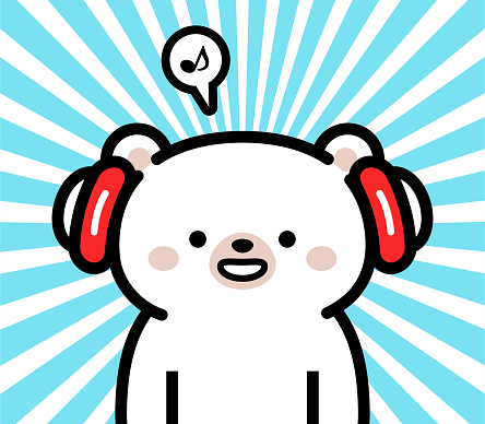 Animal characters vector art illustration.
Cute character design of a polar bear baby wearing headphones.