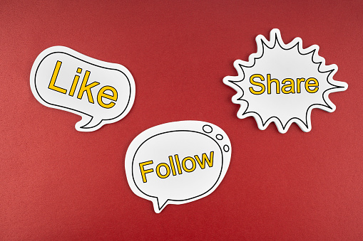 Like, Follow and Share text on speech bubble on the red background.